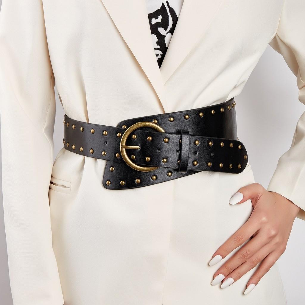 Retro Edgy Rivet Belt With Alloy Clasp For Trendsetting Street And Casual Wear
