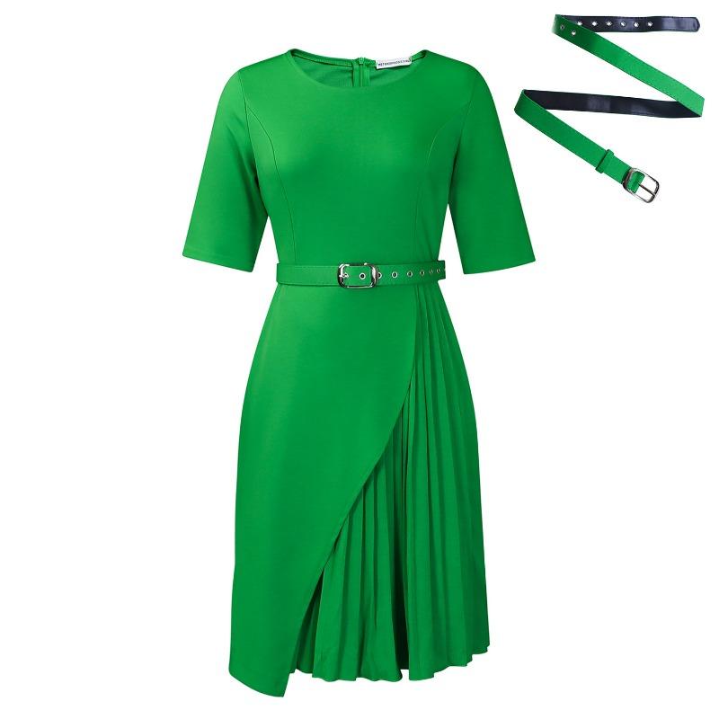 Women's solid color fashion temperament five-quarter sleeve high waist pleated high waist dress