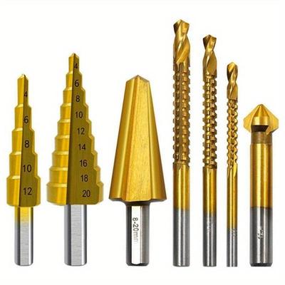 Foret étagé, scie parapluie, chanfrein droit, fraise en titane 4-12/20mm 3 6 8 mm, pour menuiserie, trou métallique, cône, 7 pièces