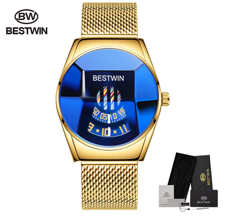 2021 Bestwin Sport Chronograph Wristwatch for Men Casual Gold Quartz Watch with Leather Band Cartoon Style