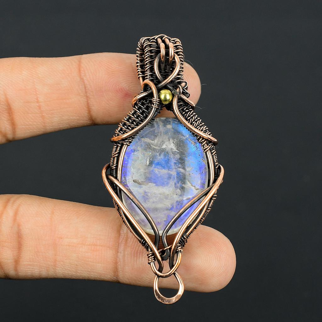 Natural Rainbow Moonstone Gemstone Copper Wire Wrap Pendant Gift 2.15" C3v83
