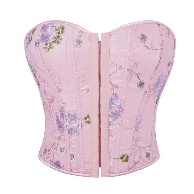 Top Corsetto Bustier Senza Spalline Ricamato Floreale in Raso Rosa con Ganci Anteriori Steccato per Donna