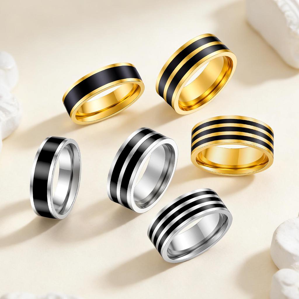 Japanese Korean INS Style Black Stripe Stainless Steel Couple Ring Set