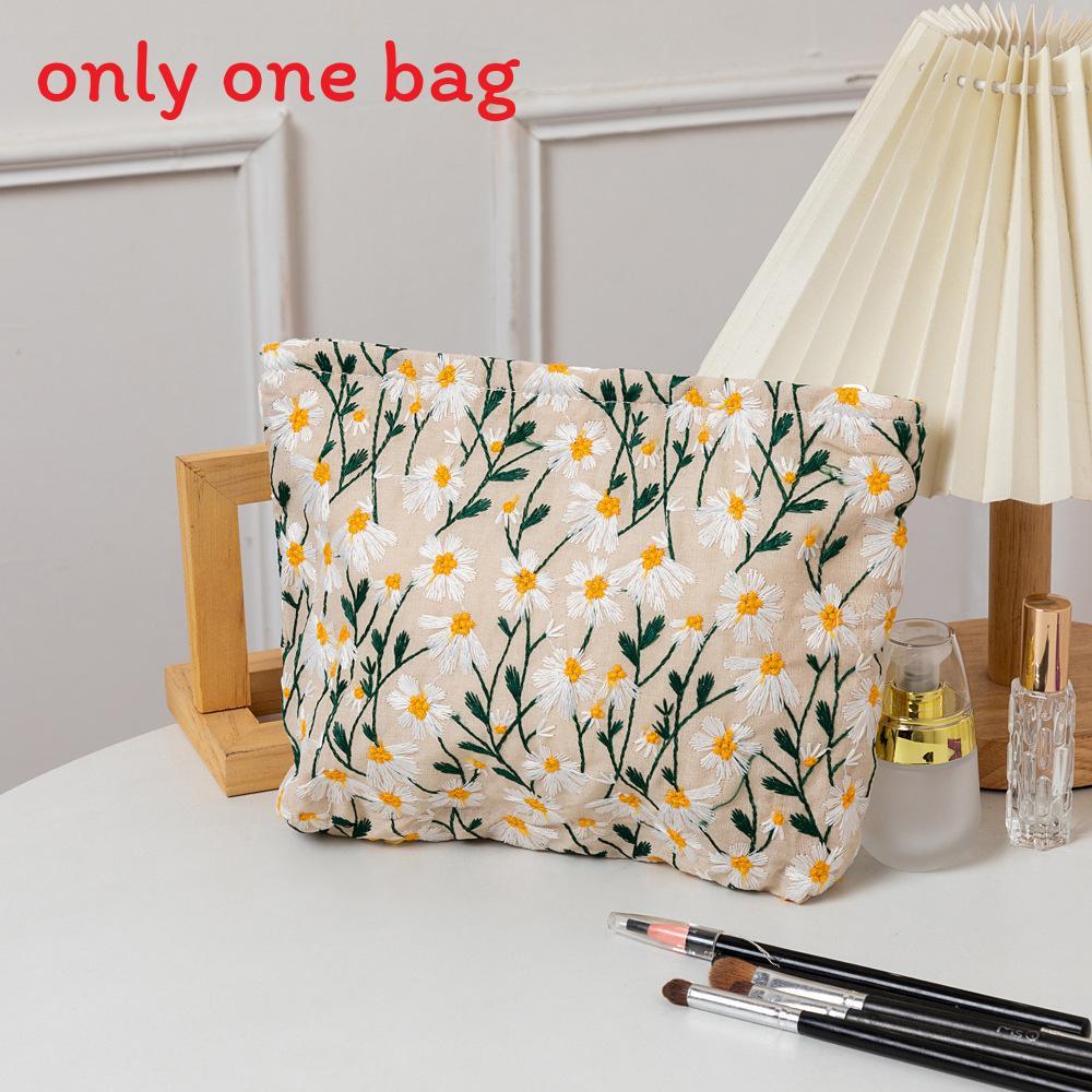 Canvas Embroidery Cosmetic Bag With Floral Pattern For Travel And Home Use