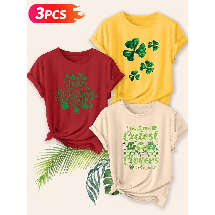 Three-piece set Elegant short-sleeved shirt for women St. Patrick's Day Clover Print Round Neck Women's T Shirt Suitable for spring