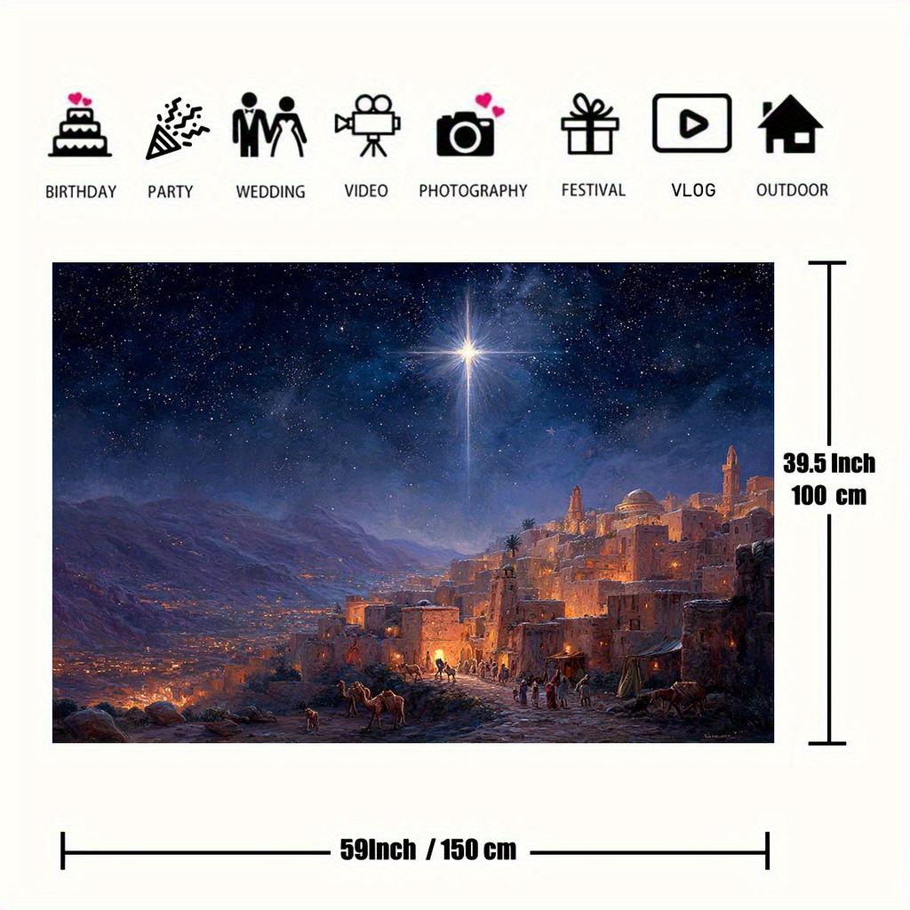 2D plane, 1pc background of the birth of Bethlehem - starry Holy City scene and camels, Middle Eastern architecture - Ch