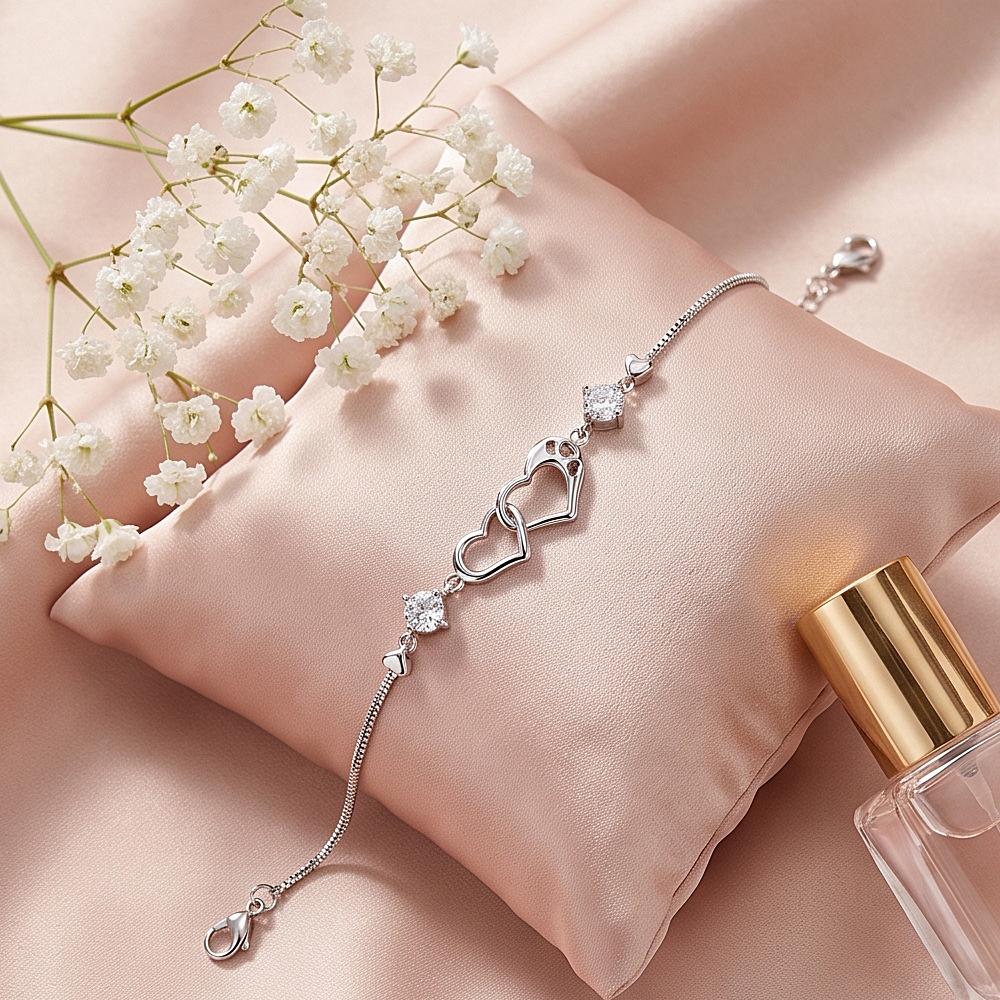Women Fashion Gold Plated Interlocking Double Heart Zircon Bracelet Thin Double Chain Love Friendship Bracelet Bulk