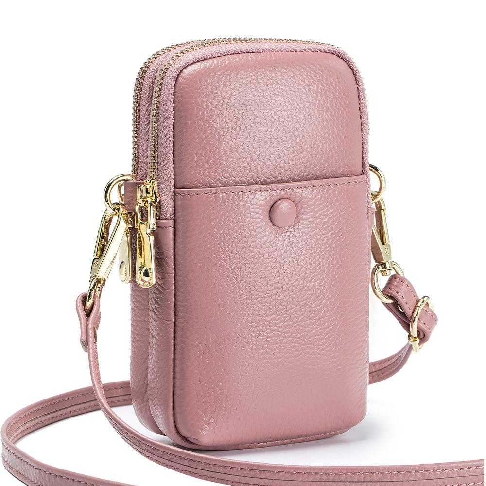 2025 New Soft Cowhide Mobile Phone Bag Women's Vertical Messenger Bag Fashion Double Zipper Shoulder Bag Tide