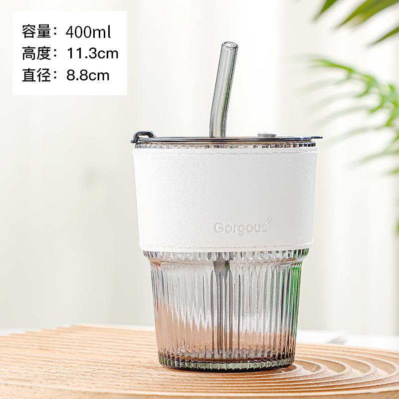 400ml Stripe Glass Cup Transparent Glasses With Lid and Straw Ice Coffee Mug Tea Cup Juice Glass Milk Water Cup Drinkware