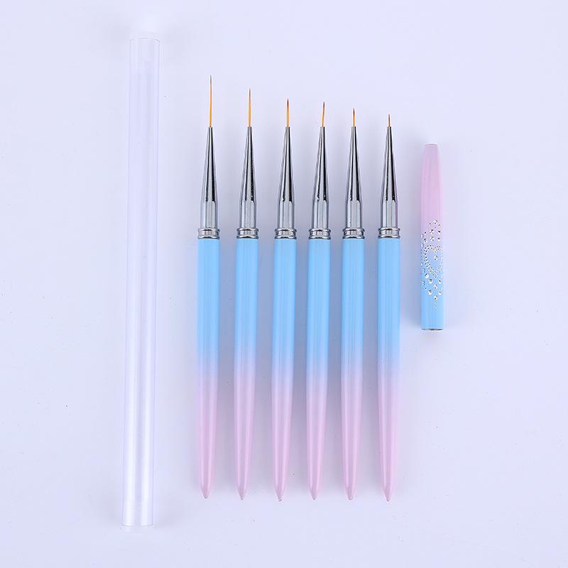 Nail Art Pen Set: 6-Piece Gradient Blue/Pink for Flowers & Lines, Beginner-Friendly with Cap & Nylon Hair.