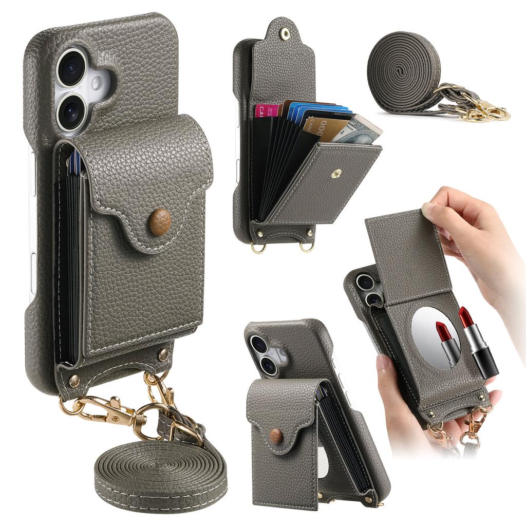 Per Custodia iPhone 16 Portacarte a Specchio Pelle con Texture Litchi Cover Posteriore per Telefono con Laccio Lungo