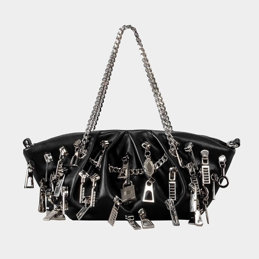 Punk Falten Knödel Achseltasche Mehrfach-Reißverschlusskopf Dekorative Damen-Schultertasche Babes Tragetasche