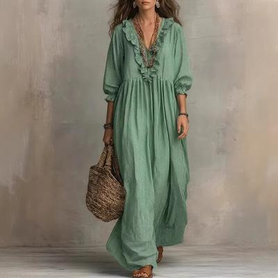 New Striped Ruffled High Waist V-Neck Loose Dress