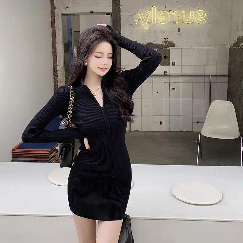 Autumn new black knitted dress children's autumn and winter sweater skirt Spice girl hip skirt