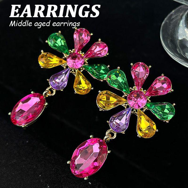 Boucles d'oreilles pendantes Zircon Fleur Colorée pour Femmes, Boucles d'oreilles pendantes Statement pour Fête & Usage Quotidien