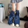 Japanese JK Lolita Y2K Denim Leg Warmers Denim Cloth Drawstring Cross Trumpet Leg Covers Stars Footcover Long Stockings Cosplay