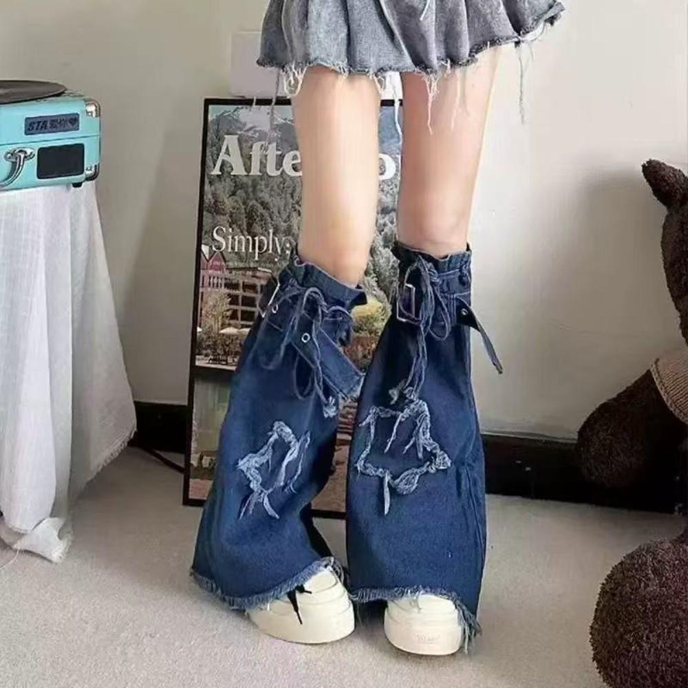 Japanese JK Lolita Y2K Denim Leg Warmers Denim Cloth Drawstring Cross Trumpet Leg Covers Stars Footcover Long Stockings Cosplay