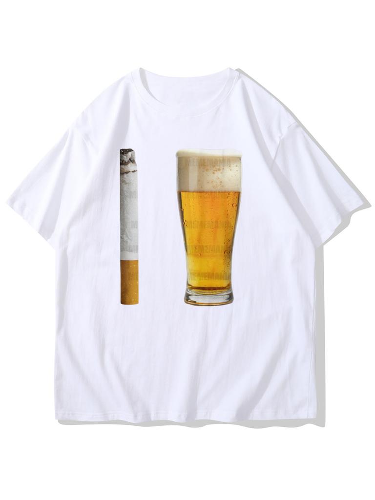 Unisex Black Crew Neck Tee Realistic Beer Cup Cigarette Graphic Soft Cotton Short Sleeve Summer Loose Daily Street Casual T Shirt