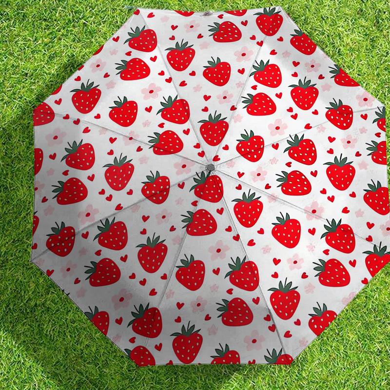 1pc Strawberry Heart Pattern Umbrella Design Automatic Opening and Closing Umbrella, High-quality Travel Umbrella,  C1128042