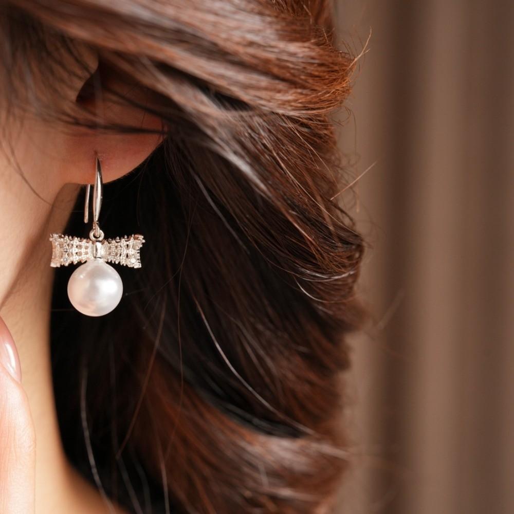 Wedding Bride Bow Pearl Long Earrings Shell Beads Ear Hook Exquisite Drop Earrings Ear Jewelry