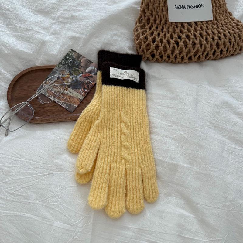 Women's Long Color Block Cable Knit Gloves for Autumn/Winter - Warm, Cold-Proof, Thickened Cycling Hand Protection