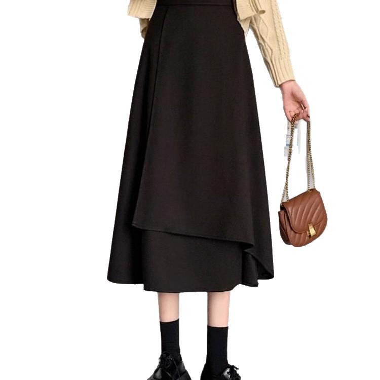 Women's Black A-Line Skirt: High Waist, Irregular Hem, Hip-Covering, Large Swing, Medium to Long Length, Korean Style, Plus Size.