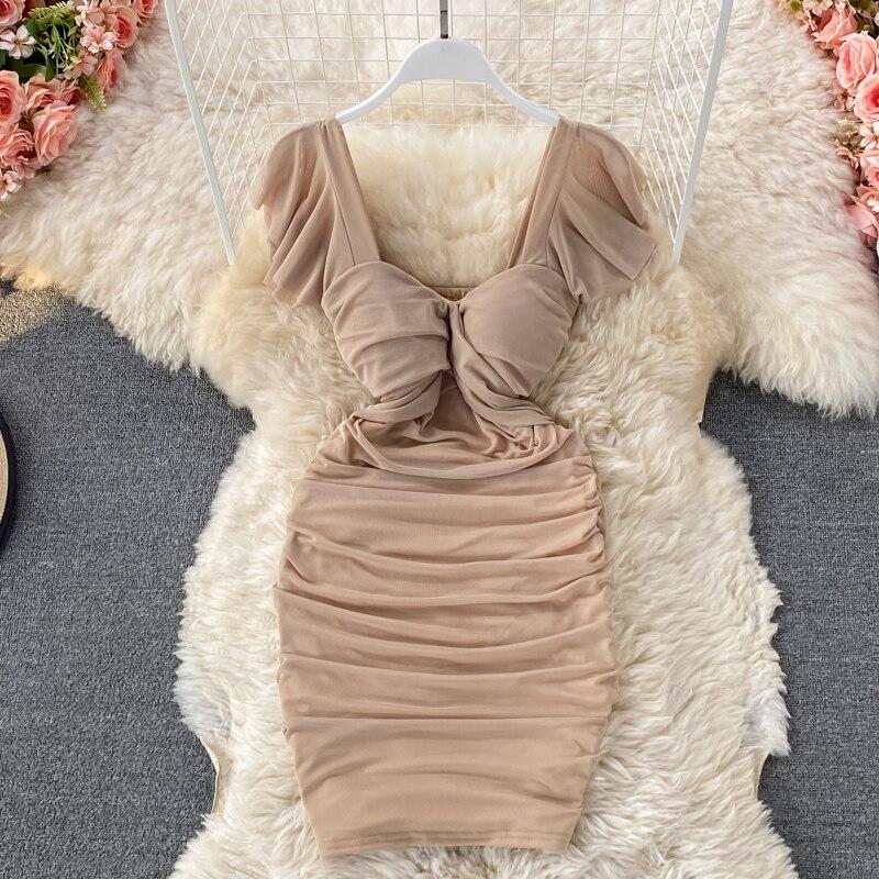 Sexy Short Sleeved High Waist Slimming Pleated Square Collar Wrapped Hip Dress