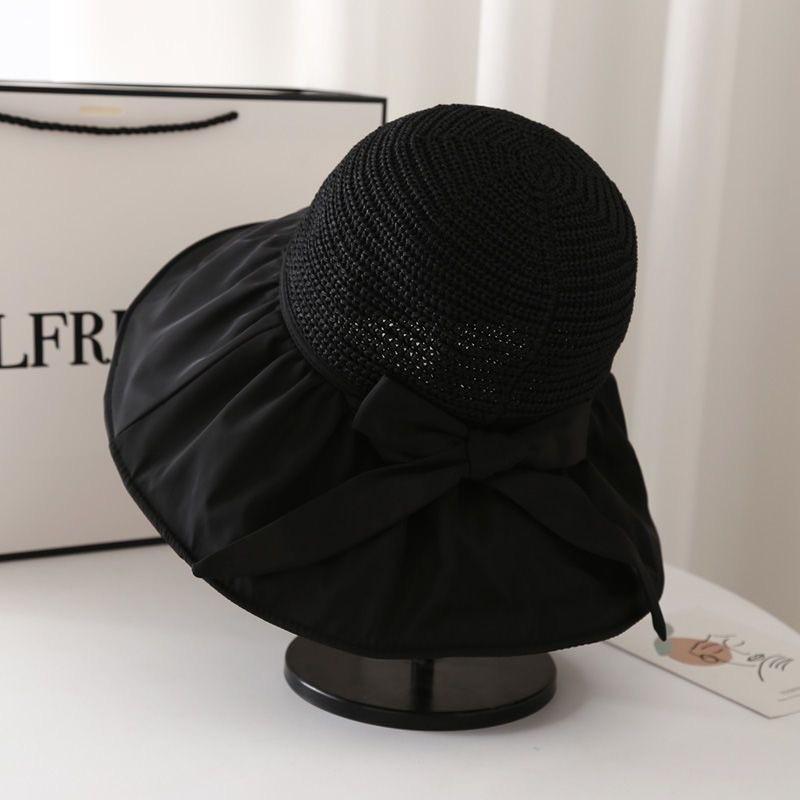 Black Plastic Bucket Hat To Cover The Face Sun Protection Sun Hat Anti-ultraviolet Sun Hat Women's Bow Wide Brim Hat