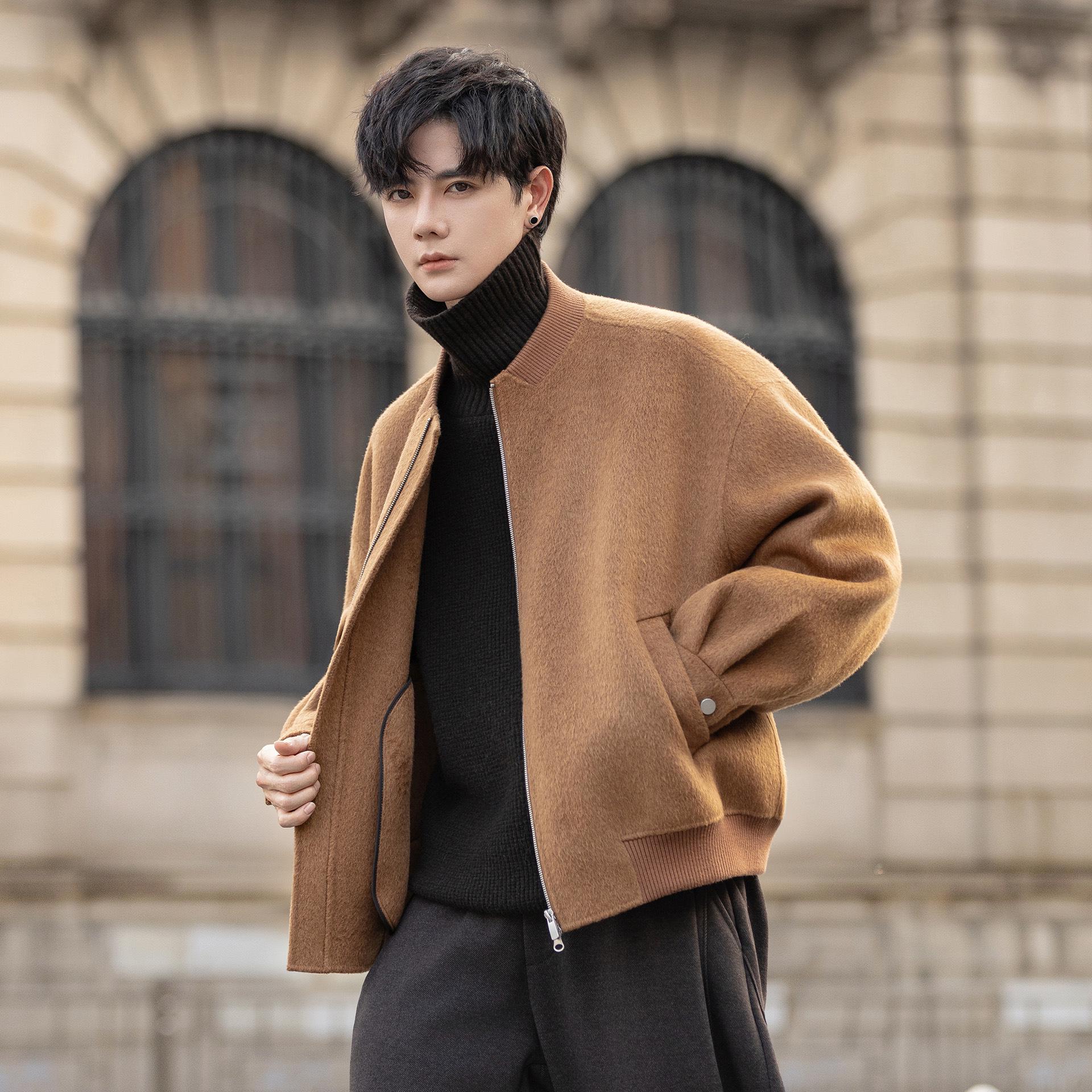 

Мужское высококачественное шерстяное пальто - Осенне-зимний сезон 2025, Короткая куртка с воротником-стойкой XL коричневый/красный