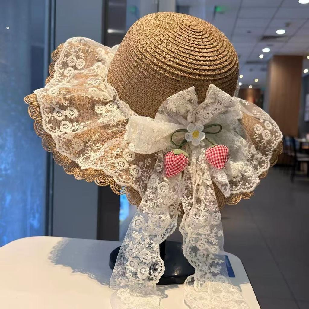 French Floral Lace Bow Straw Hat Women's Summer Seaside Beach Vacation Big Eaves Sunshade Sun Hat