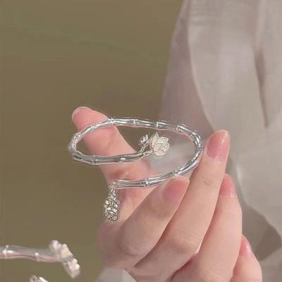 Flower Decor Women Bangle Chinese Character Pendant Adjustable Bamboo Shape Open Bracelet