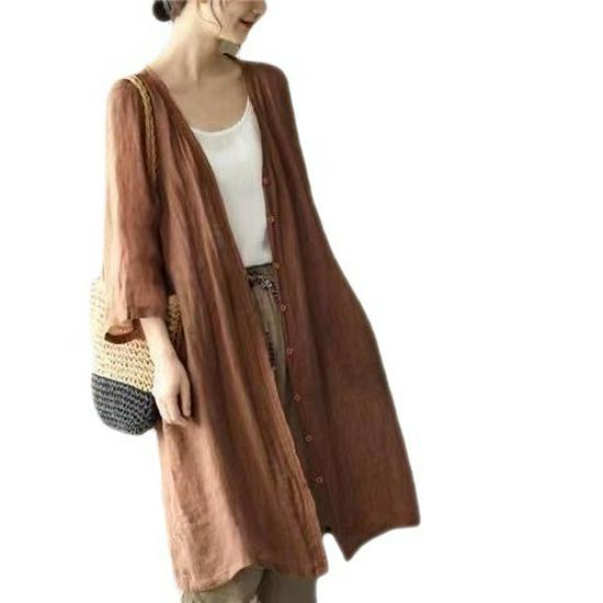 2026 Summer-Autumn Retro Cotton Linen Mid-Length Cardigan: Loose Fit, Artistic Plus Size, Casual Air Conditioning Shirt for Women.