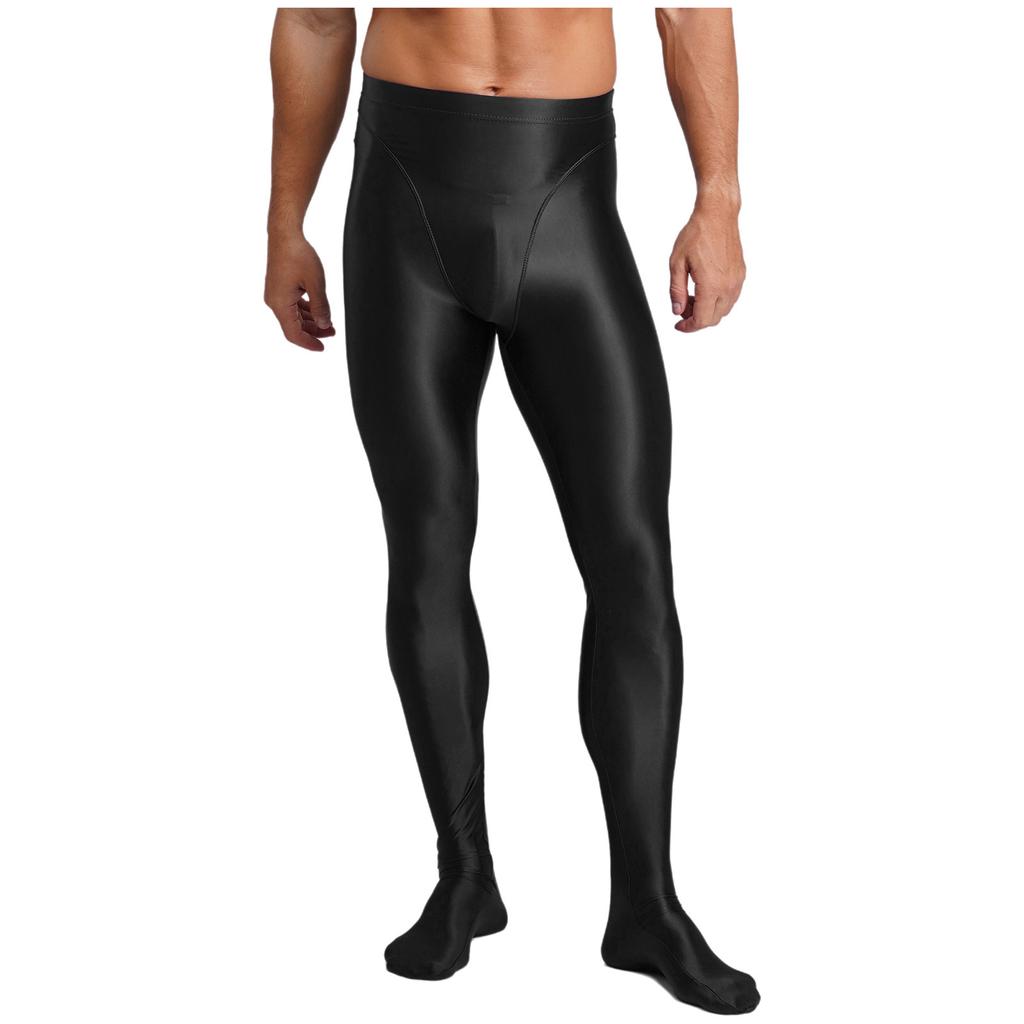 Mens Glossy Stretchy High Waist Fake Two Piece Tights Pants Leggings Yoga Wear