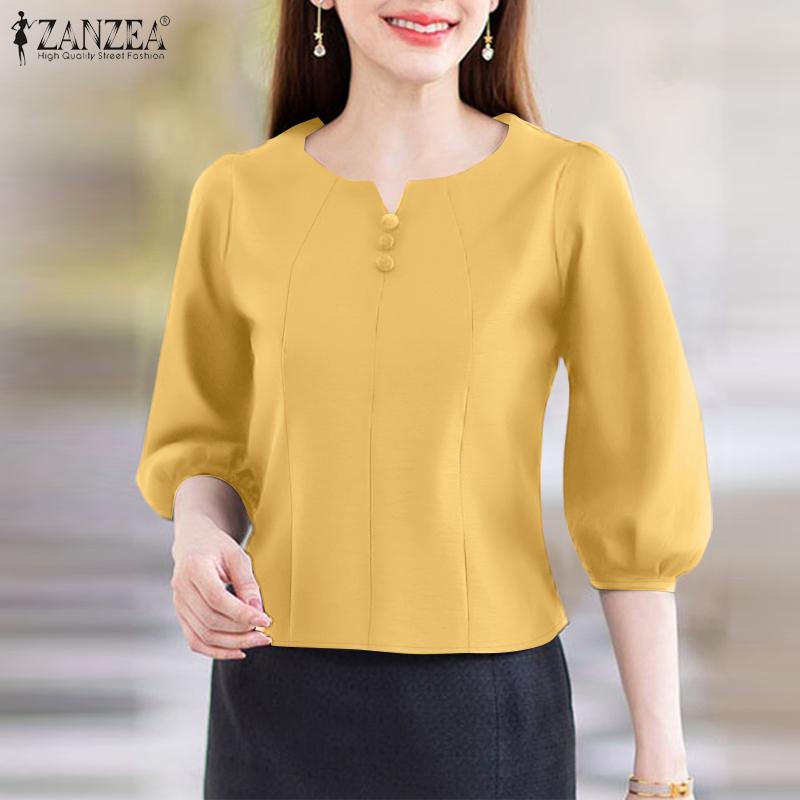 ZANZEA Women Casual V-Neck Solid Color 3/4 Sleeve Blouse