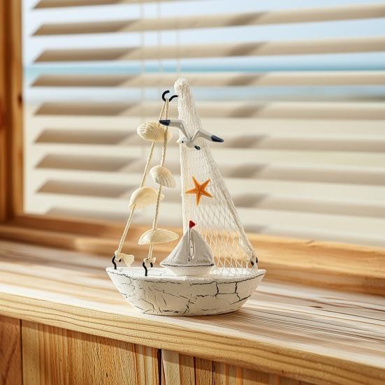 Nautical Wooden Sailboat Models Coastal Beach Style Blue White Ship Tabletop Figurine for Home Living Room Office Farmhouse Decor