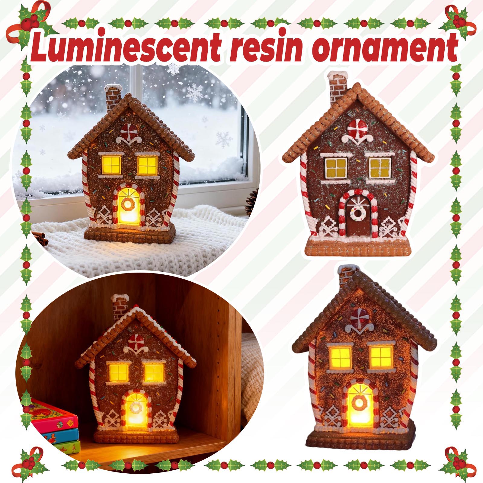 

Christmas Gingerbread House Resin Ornaments Home Holiday Party Living Room Desktop Christmas Luminous Decorations One Size