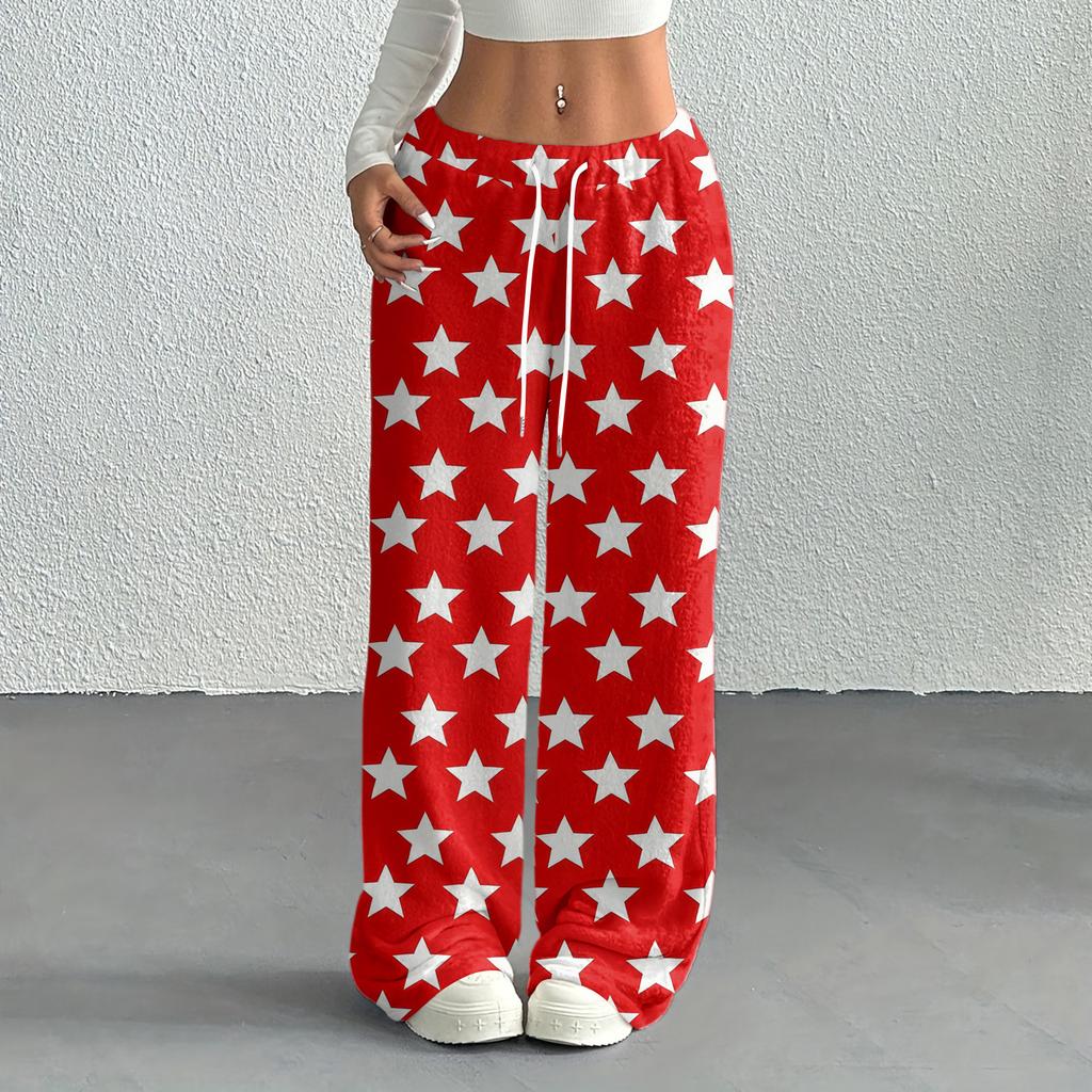 Women's Casual Fashion Printed Elastic Waist Loose Straight Leg Pants With Rope