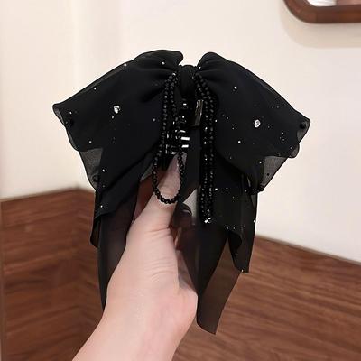 Fabric Bow Round Bead Fringed Hairpin Fashionable Exquisite High Sense Grab Clip Temperament Versatile Simple Headdress