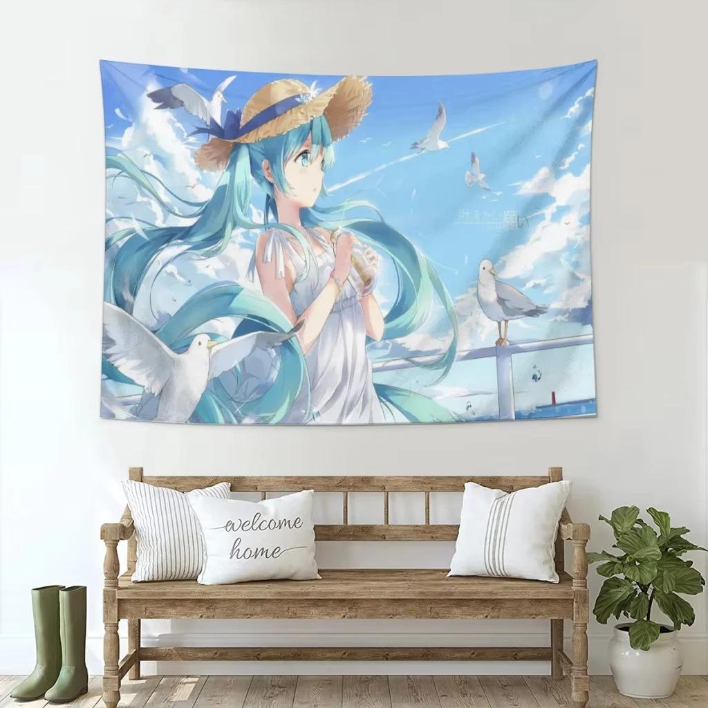 Neko Cat Girl Anime Tapestry Blue Hair Miku Print Polyester Wall Hanging Kawaii Otaku Decor for Bedroom  Living Room