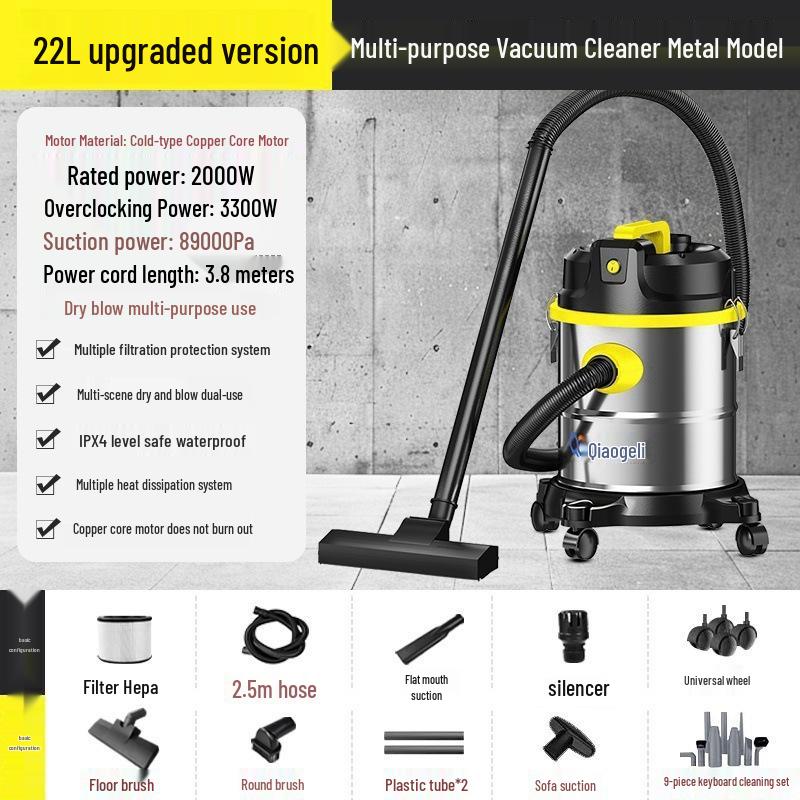 Dual-Use Wet/Dry Industrial Vacuum Cleaner for Home, Commercial, and Car Cleaning with Large Suction