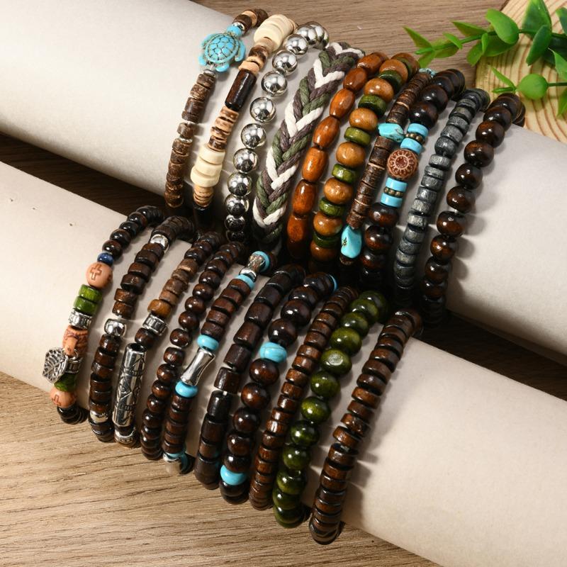 TEMU New 20-piece Set of Coconut Shell Wood Beads Beaded Elastic Line Men's Bracelet Bracelet Bracelet