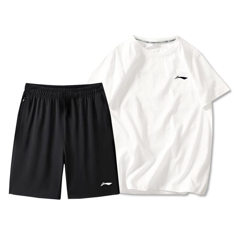 Li Ning Logo Print Round Neck Drop Shoulder Loose Short Sleeve Elastic Waist Shorts Casual Sports Set Men sets AHSU977-2+AAPU225-1