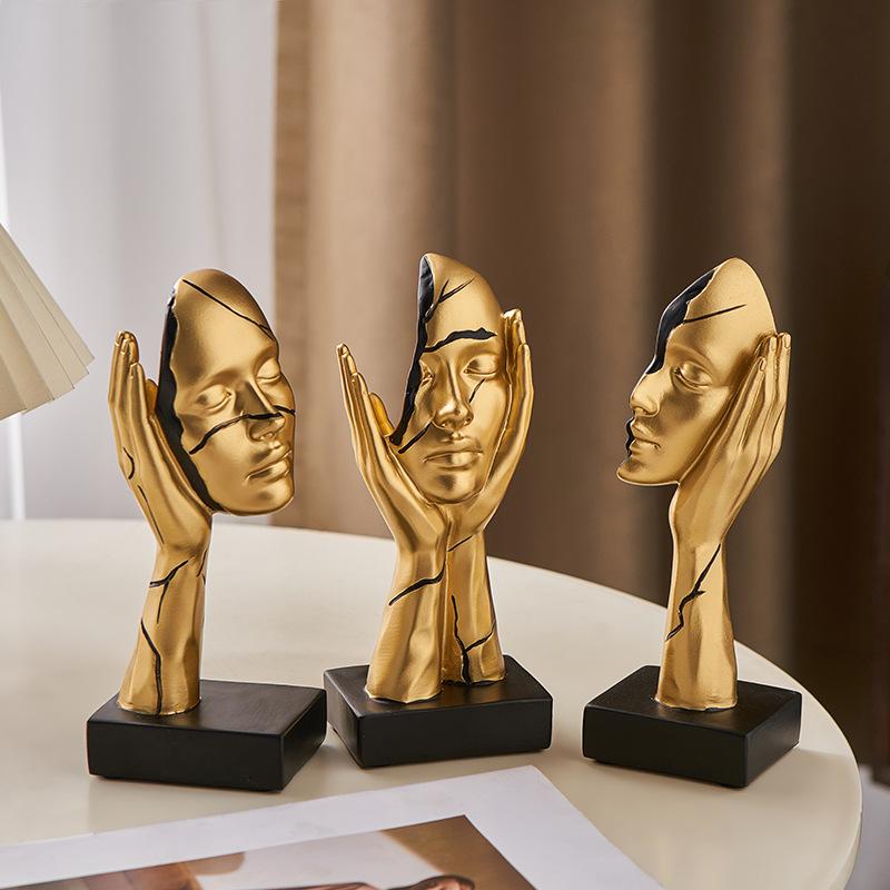 3PCS Gilded Face Sculpture Ornaments Resin Crafts Character Statuettes Living Room Office Bookcase Golden Body Ornaments Gifts