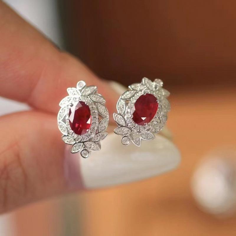 Gemstone Set: Red Zircon Necklace, Versatile Ring, Luxury Stud Earrings