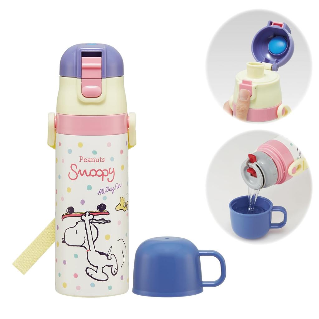 Snoopy Water and Compact Stainless Steel 470ml and 430ml [Insulated Bottle] Ultra-Lightweight 2-Way Bottle, (Direct Drinking) (Cup Drinking)