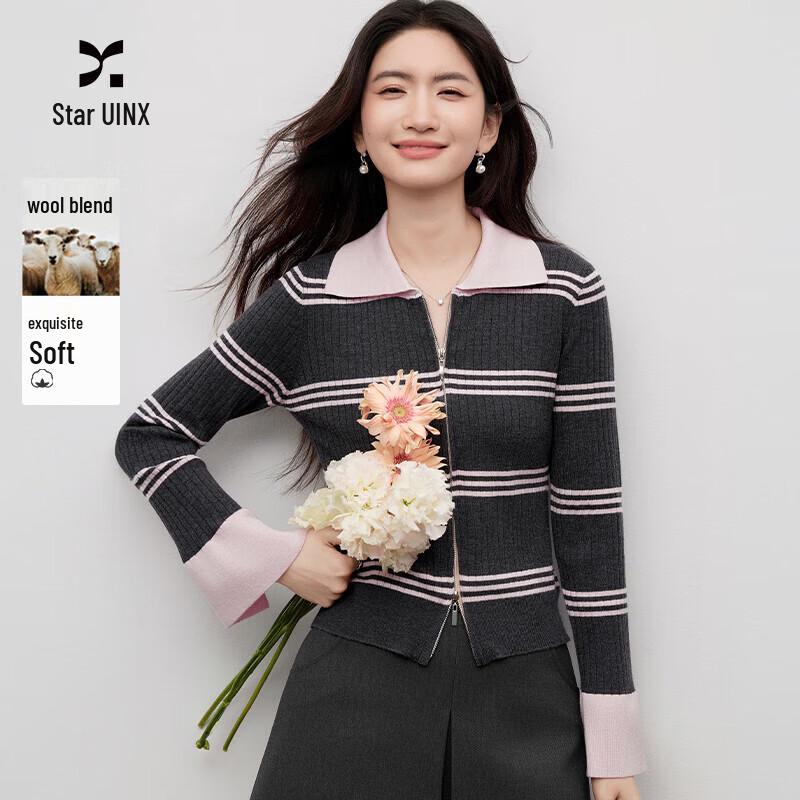 Women's Double Zipper Lapel Knit Cardigan with Flared Sleeves