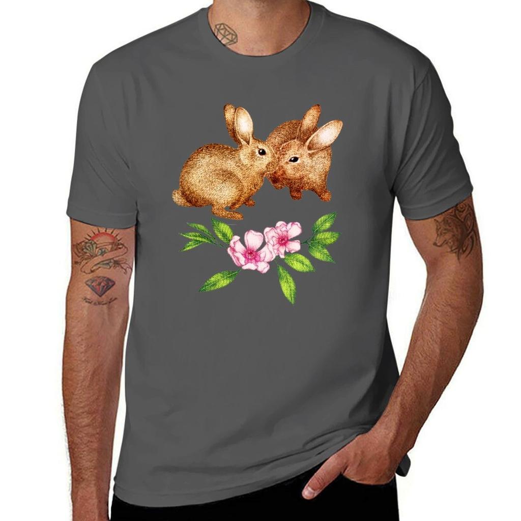 Vintage Rabbit Pair In Spring TShirt Minimalist Plain Crew Neck TShirt