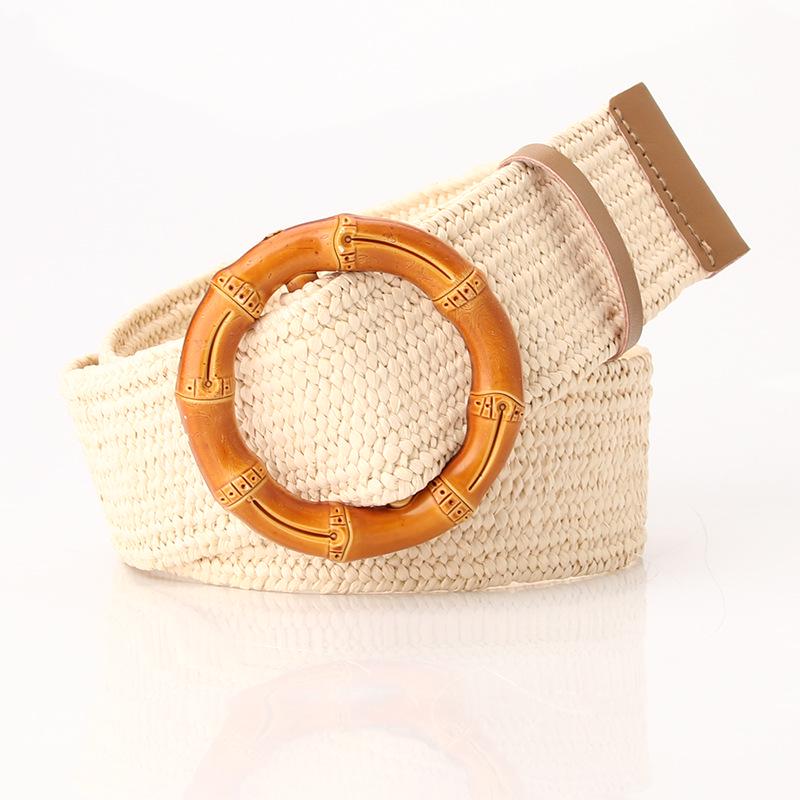 Women's Wide Round Buckle Elastic Belt - Cotton & Linen, Straw Style, Mori Girl Fashion.