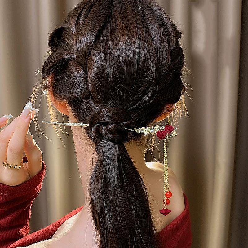 Retro Red Hair Stick Chinese Style Hanfu Tassel Women Flowers Chopsticks Alloy Hairpin Woman Jewelry Hair Clip Accessories