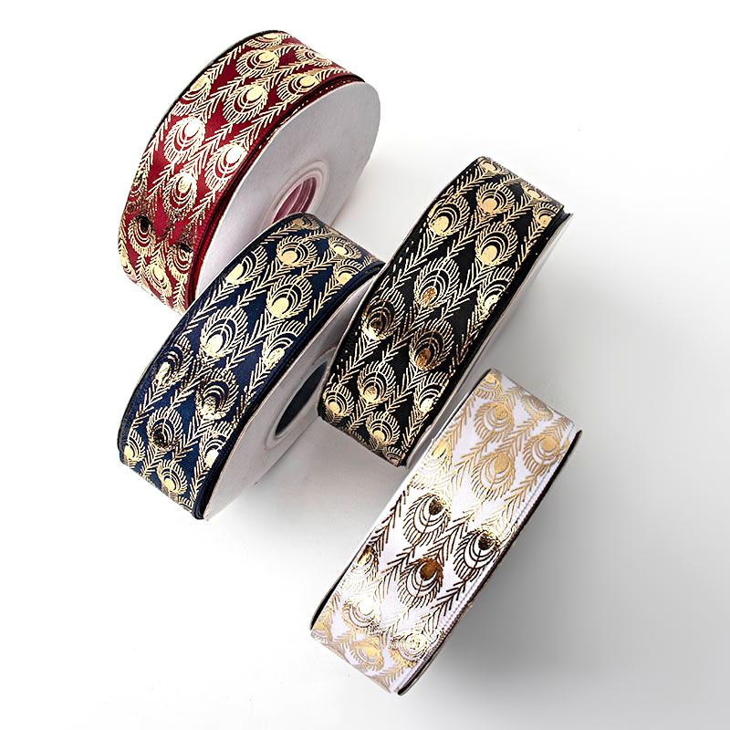 10 meter/rull påfuglfjærtrykt bånd Webbing silkebånd fjær gullbelagt bånd laserbånd 2,5x914cm